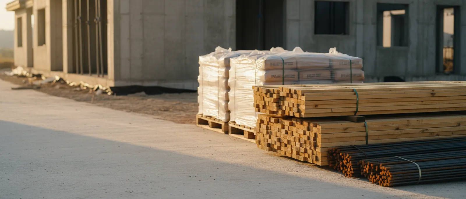 현장에 내려놓은 각재·철근·시멘트 자재 더미